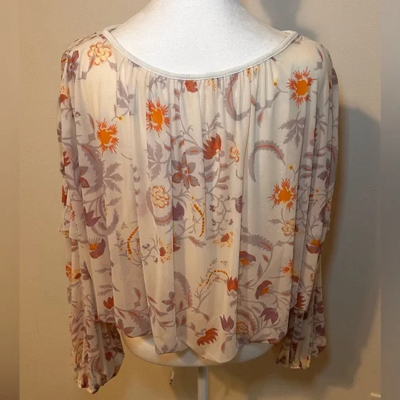 FREE PEOPLE Wildflower Honey Cream Floral Mesh Long Sleeve Top Size Small - Picture 3 of 6